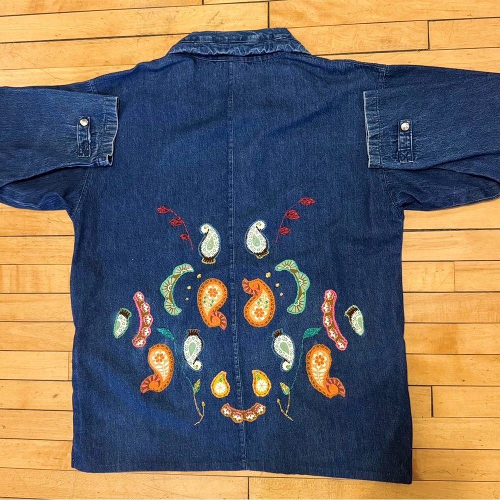 Vintage 90s Venezia Long Embroidered Paisley Denim Jean Jacket Made USA Size XL